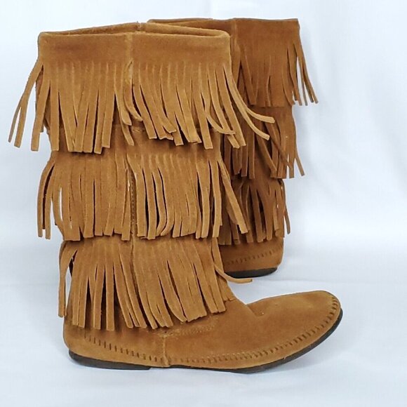 Minnetonka 3 Layer Fringe Moccasin Boots 9 Brown Suede Mid Calf Boho Hippie - Picture 7 of 13
